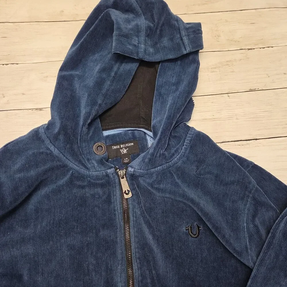 True Religion Mens Blue Corduroy Full Zip Hoodie Jacket Sz Large Buddha Graphic
